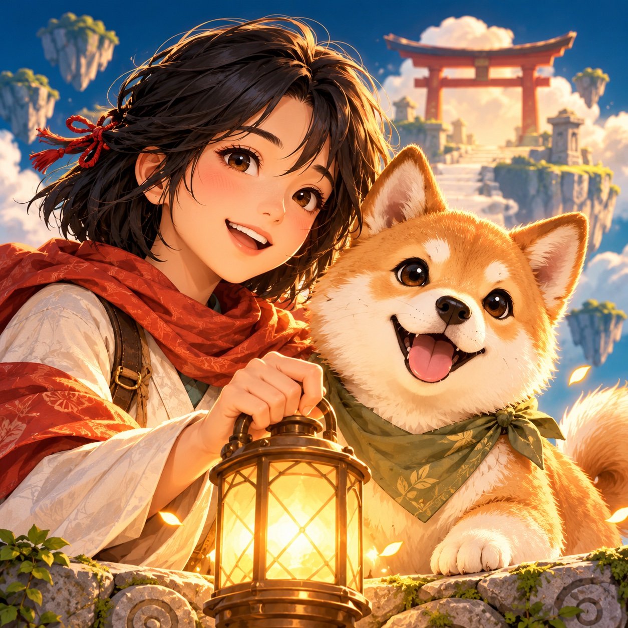 Neri holding her glowing brass lantern, laughing, with her Shiba puppy Mochi beside her, floating sky gardens and a red torii gate behind them