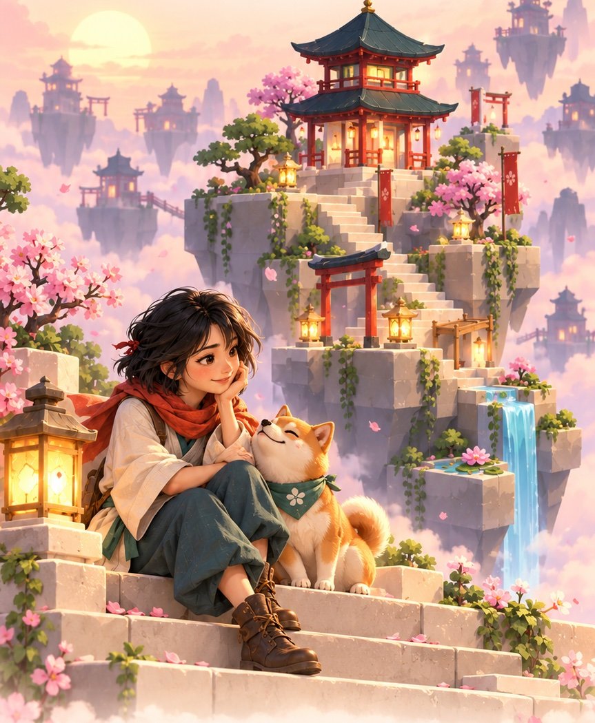 Neri and her dog Mochi resting on stone steps in a floating cherry-blossom garden at sunset