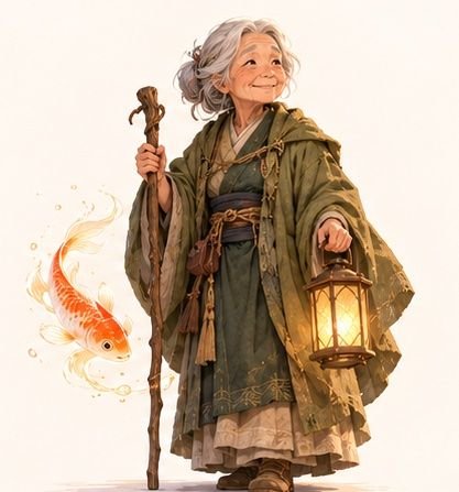 The lantern master, an old woman with a staff and a lantern, a ghostly koi beside her