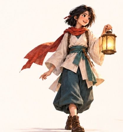 Neri, a girl with a short black bob and a red scarf, holding a brass lantern