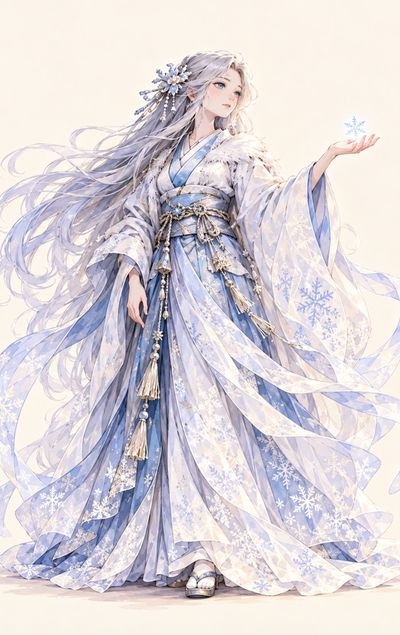 Yuki-Onna, the snow spirit, in a robe of ice crystals
