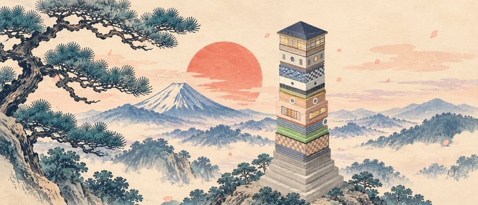 Ink painting of a tall layered tower beside Mount Fuji under a red sun