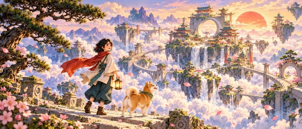 Neri and her Shiba Mochi walk a cliff path above a sea of clouds, floating towers and waterfalls in the distance