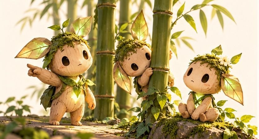 Three small kodama tree spirits in a bamboo grove
