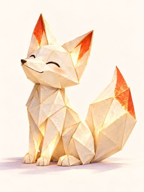 An origami fox of ivory paper with gold folds