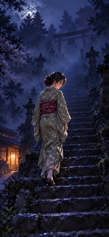 Hana climbing a dark stair into the mist