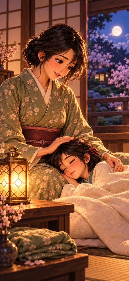 Hana singing at home while young Neri sleeps on her lap
