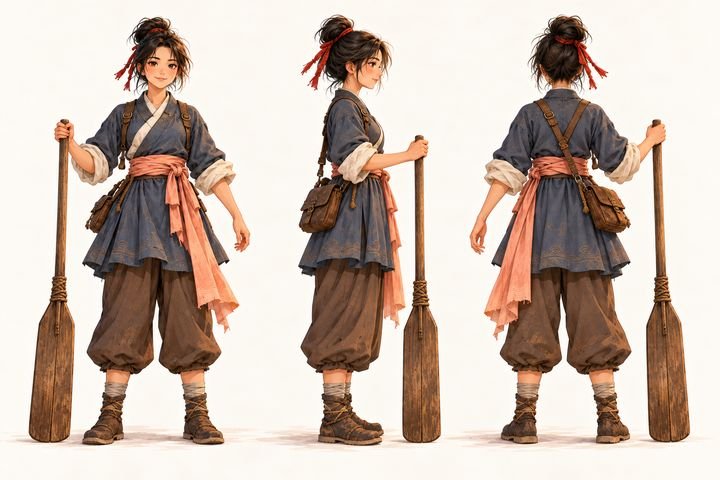 Character sheet of the ferrywoman with a long wooden oar, three views