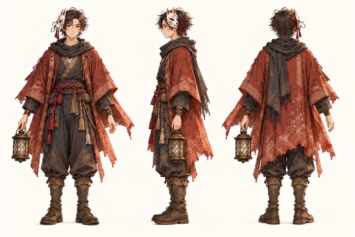 Character sheet of the fox-mask boy in a red coat with a lantern, three views