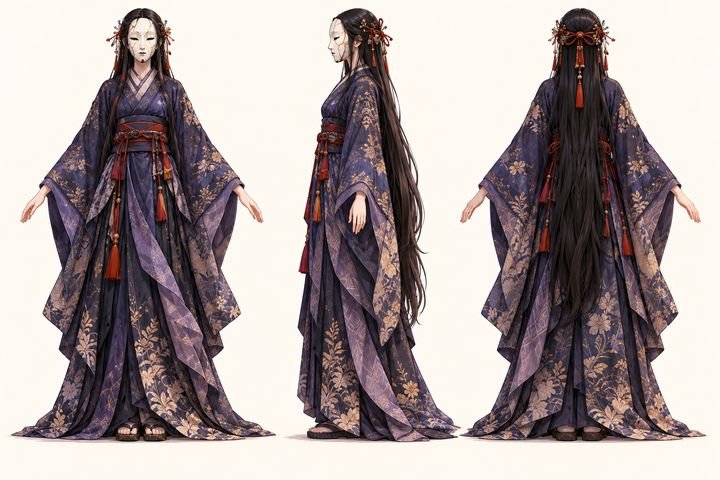 Character sheet of Sumi, the Shadow Woman, in an indigo kimono, three views