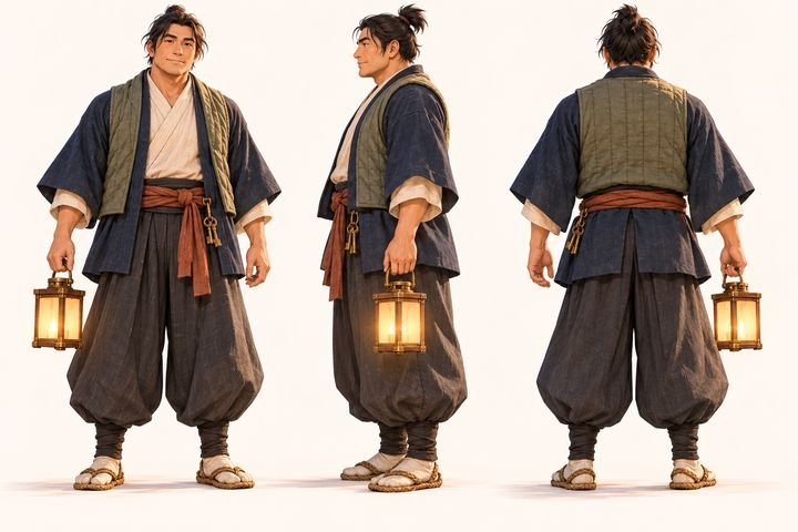 Character sheet of a lantern watchman in an indigo coat with keys and a hand lantern, three views