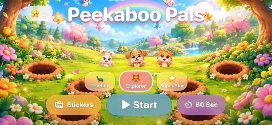 Peekaboo Pals start screen with three animals and difficulty choices